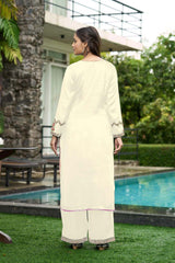 Cream Hand Embroidery Art Silk Straight Cut Kurta Palazzo Set