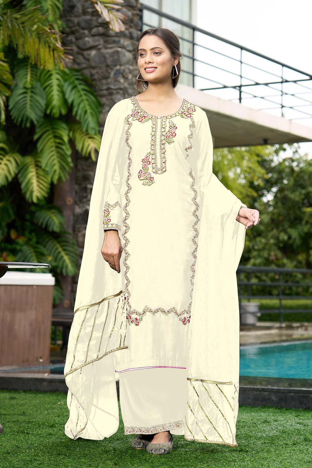 Beige Art Silk Embroidered Palazzo Suit Set