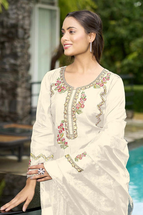 Beige Art Silk Embroidered Palazzo Suit Set