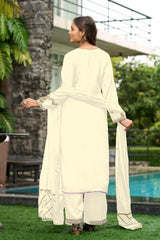 Beige Art Silk Embroidered Palazzo Suit Set