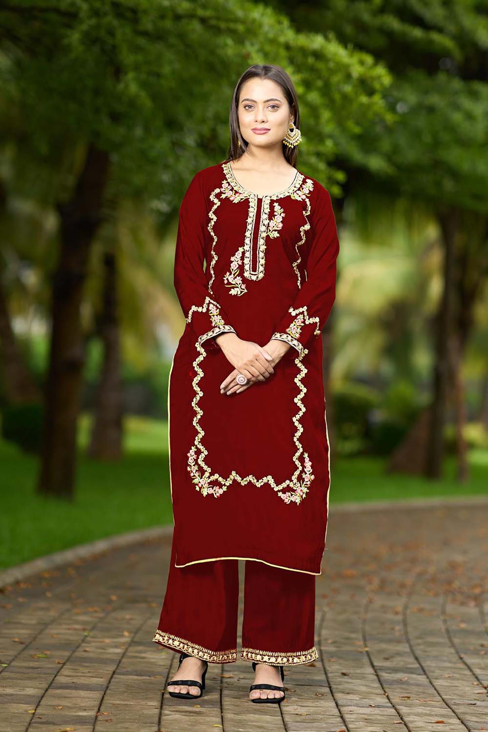 Maroon Hand Embroidery Art Silk Straight Cut Kurta