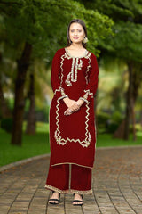 Maroon Hand Embroidery Art Silk Straight Cut Kurti