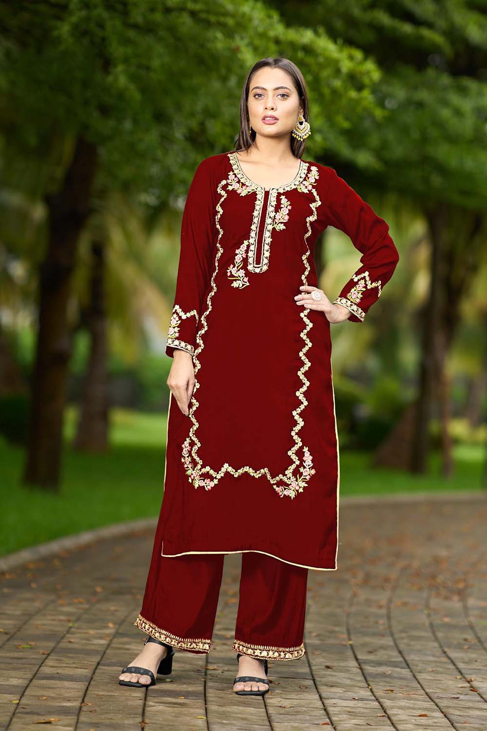 Maroon Hand Embroidery Art Silk Straight Cut Kurta