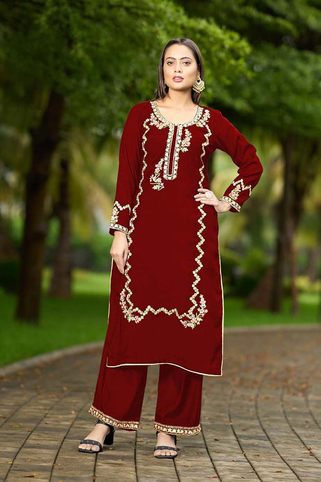 Maroon Hand Embroidery Art Silk Straight Cut Kurti