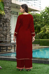 Maroon Hand Embroidery Art Silk Straight Cut Kurta