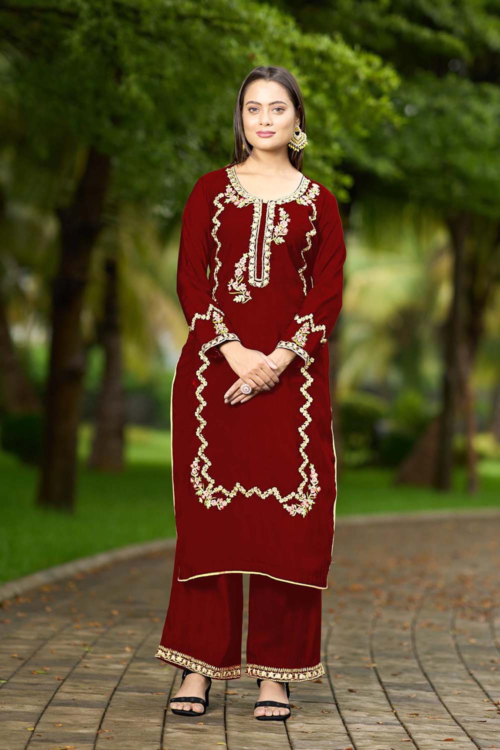 Maroon Hand Embroidery Art Silk Straight Cut Kurta Palazzo Set