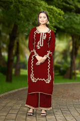 Maroon Hand Embroidery Art Silk Straight Cut Kurta Palazzo Set