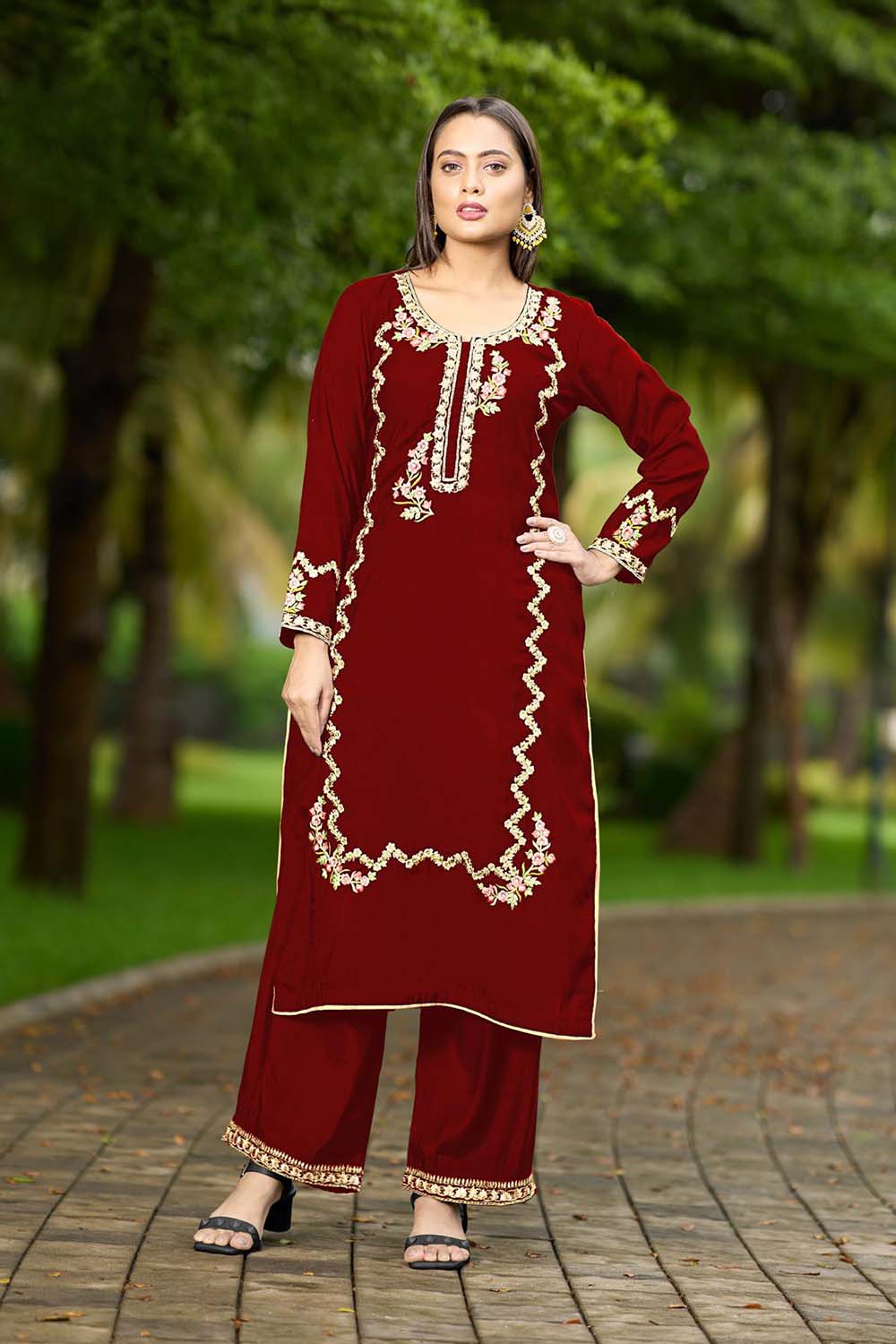 Maroon Hand Embroidery Art Silk Straight Cut Kurti Palazzo Set