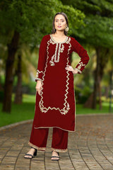 Maroon Hand Embroidery Art Silk Straight Cut Kurta Palazzo Set