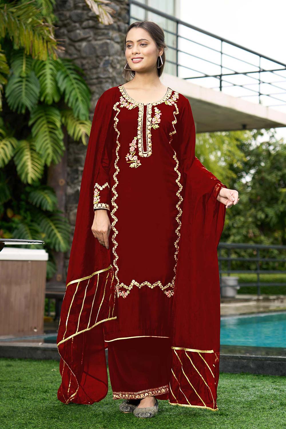 Red Art Silk Embroidered Palazzo Suit Set