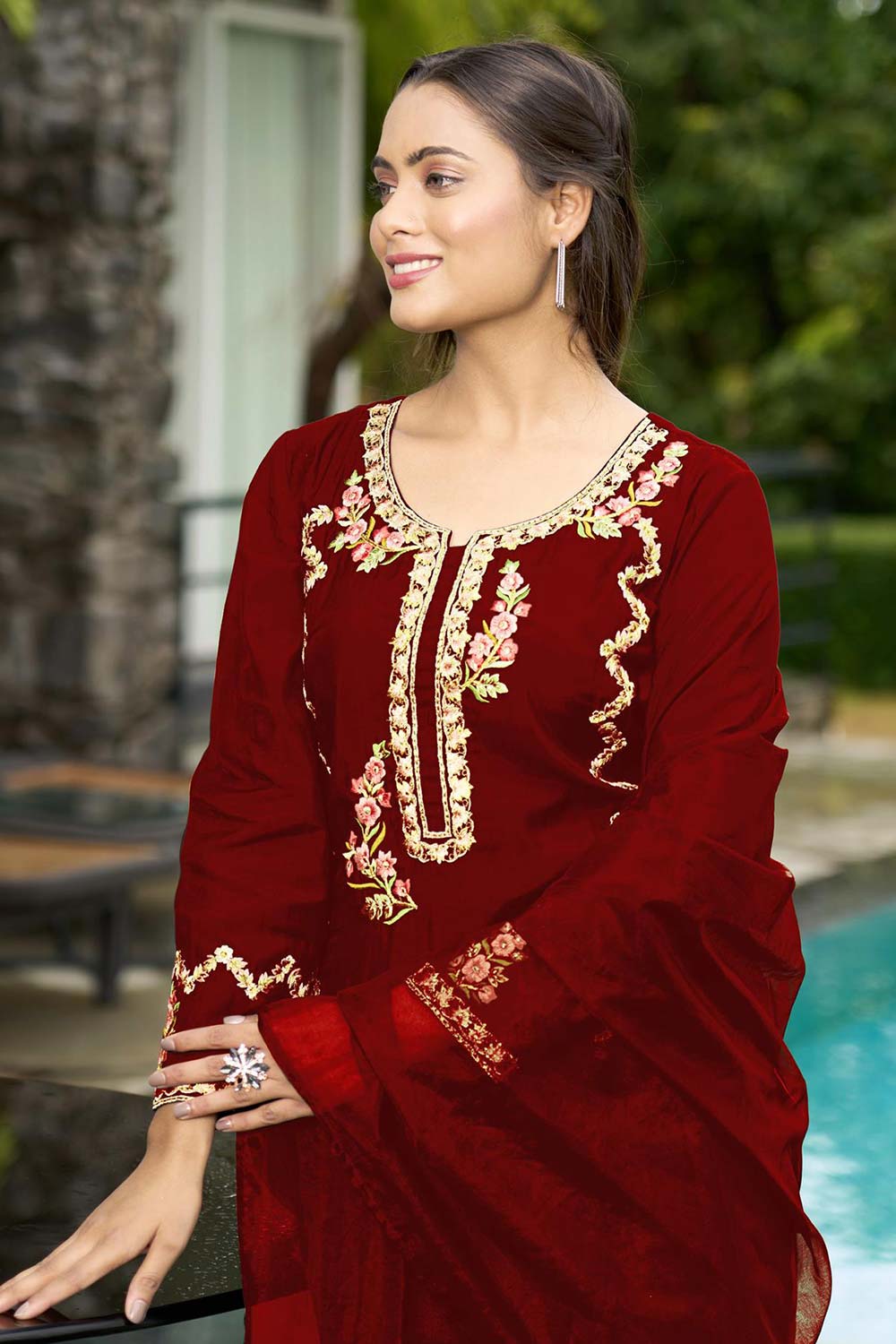 Red Art Silk Embroidered Palazzo Suit Set