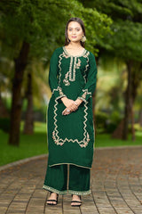 Green Hand Embroidery Art Silk Straight Cut Kurti