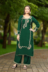 Green Hand Embroidery Art Silk Straight Cut Kurta