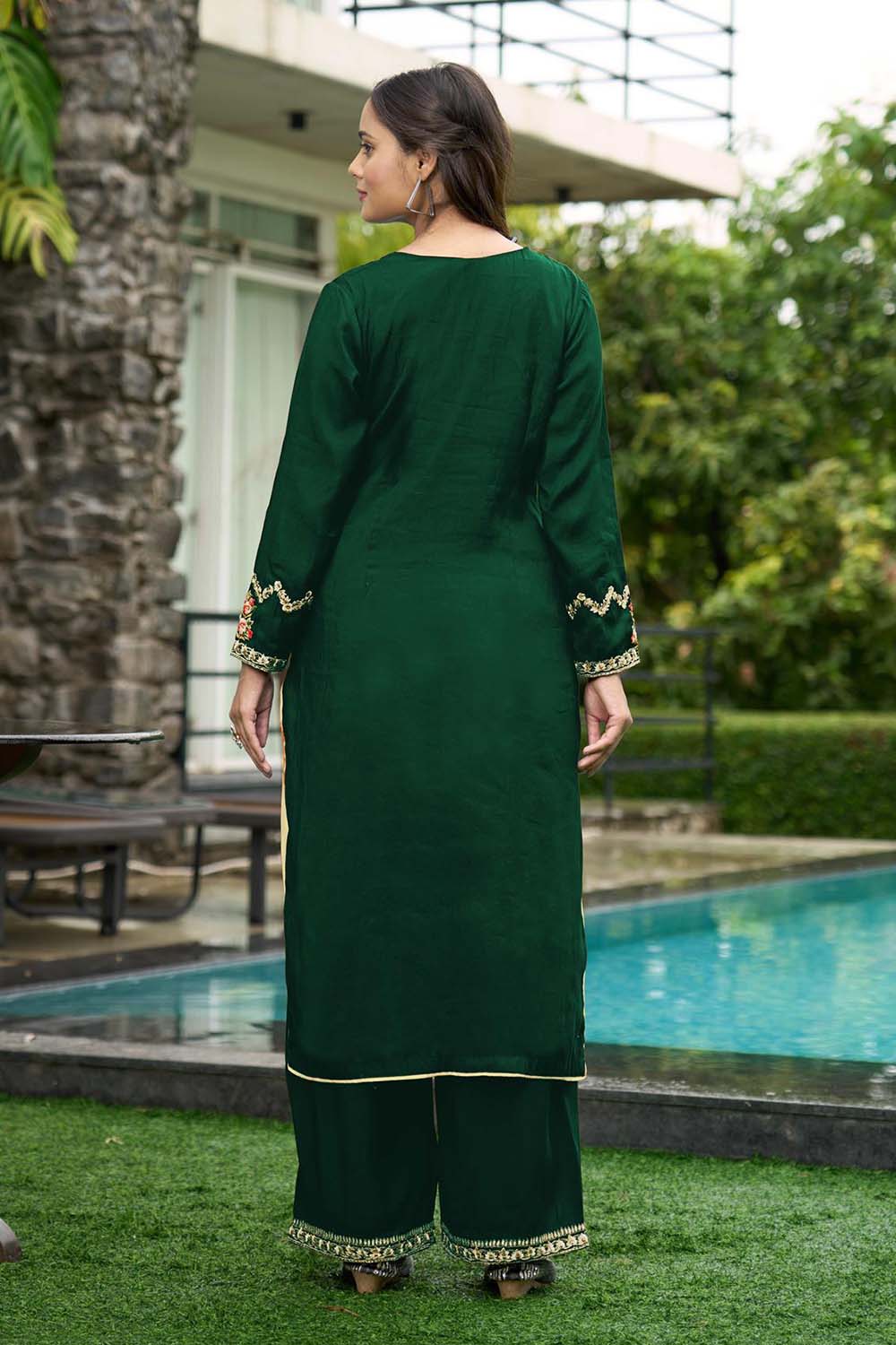 Green Hand Embroidery Art Silk Straight Cut Kurti