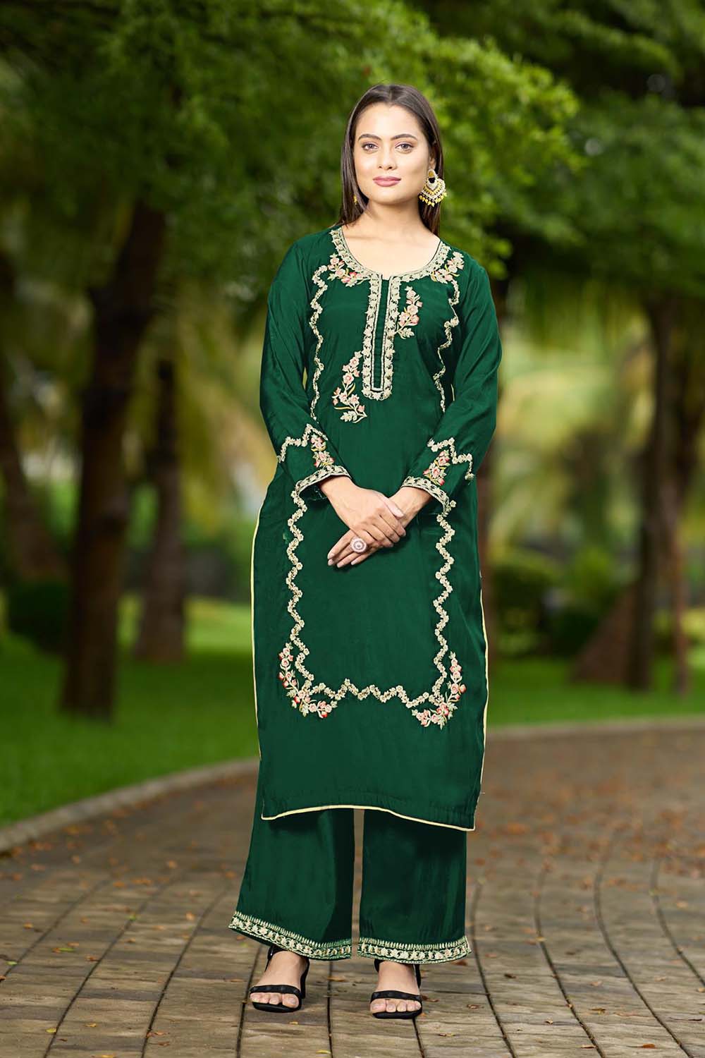 Green Hand Embroidery Art Silk Straight Cut Kurti Palazzo Set