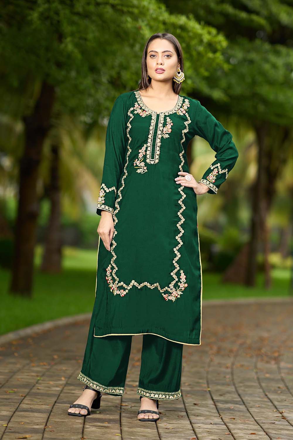 Green Hand Embroidery Art Silk Straight Cut Kurti Palazzo Set