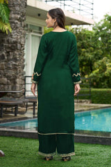 Green Hand Embroidery Art Silk Straight Cut Kurti Palazzo Set