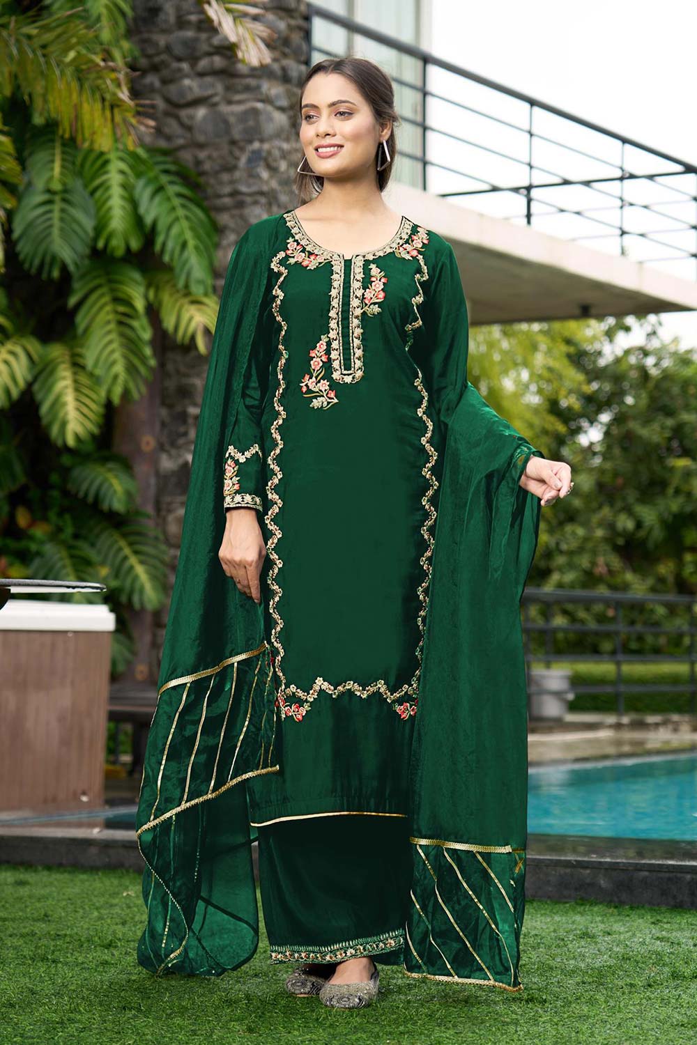 Green Art Silk Embroidered Palazzo Suit Set