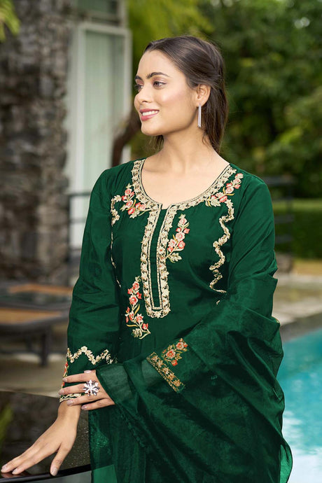 Green Art Silk Embroidered Palazzo Suit Set