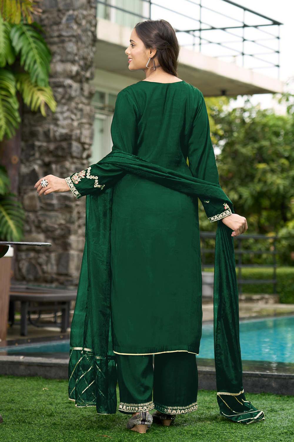 Green Art Silk Embroidered Palazzo Suit Set