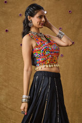 Black Cotton Embroidered Sleeveless Blouse