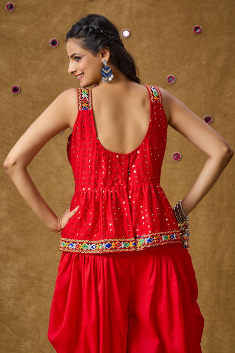 Red Cotton Embroidered Sleeveless Blouse