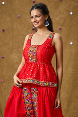 Red Cotton Embroidered Sleeveless Blouse