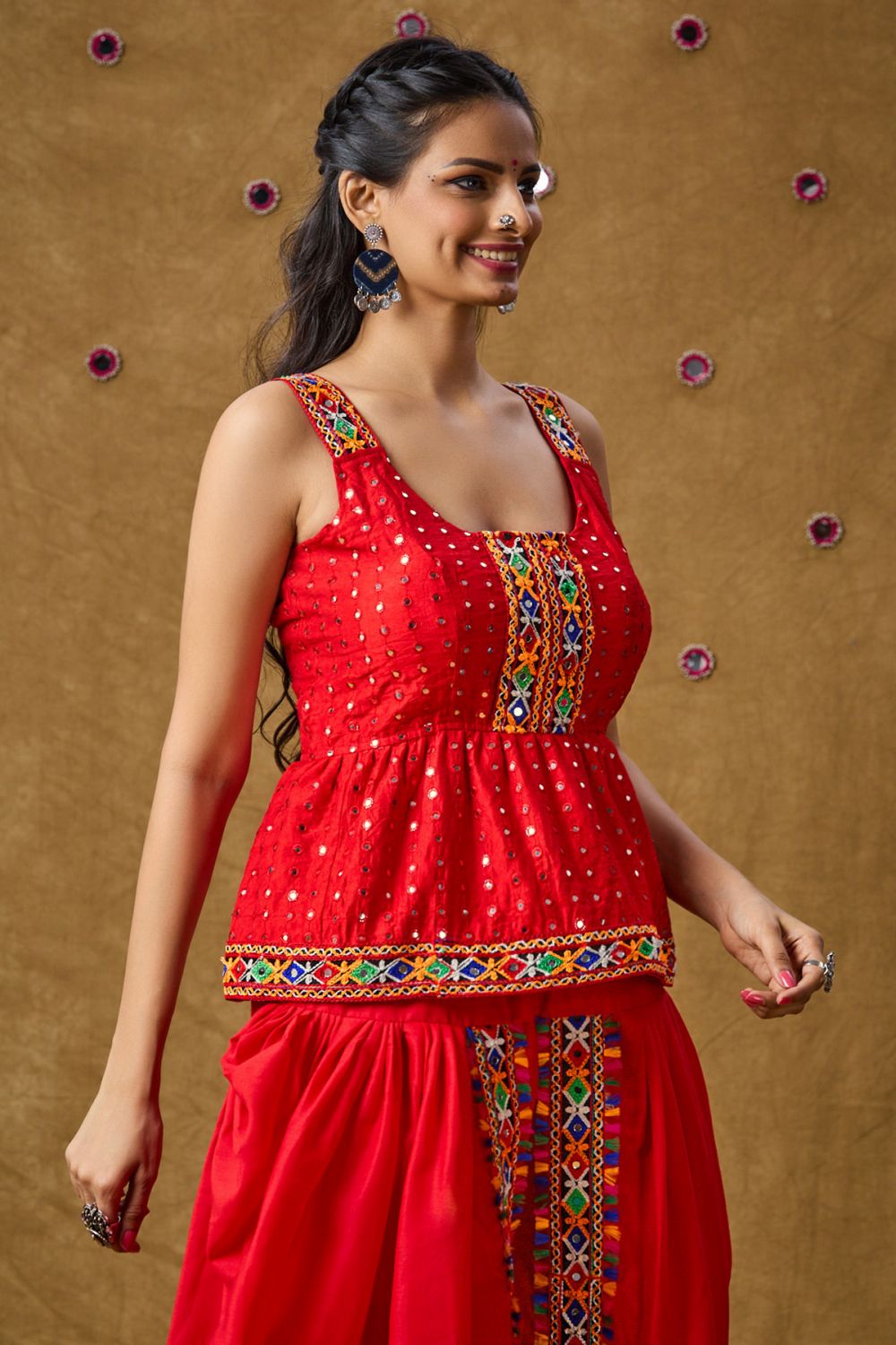 Red Cotton Embroidered Sleeveless Blouse