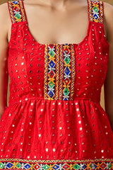 Red Cotton Embroidered Sleeveless Blouse