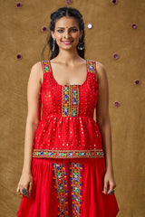 Red Cotton Embroidered Sleeveless Blouse