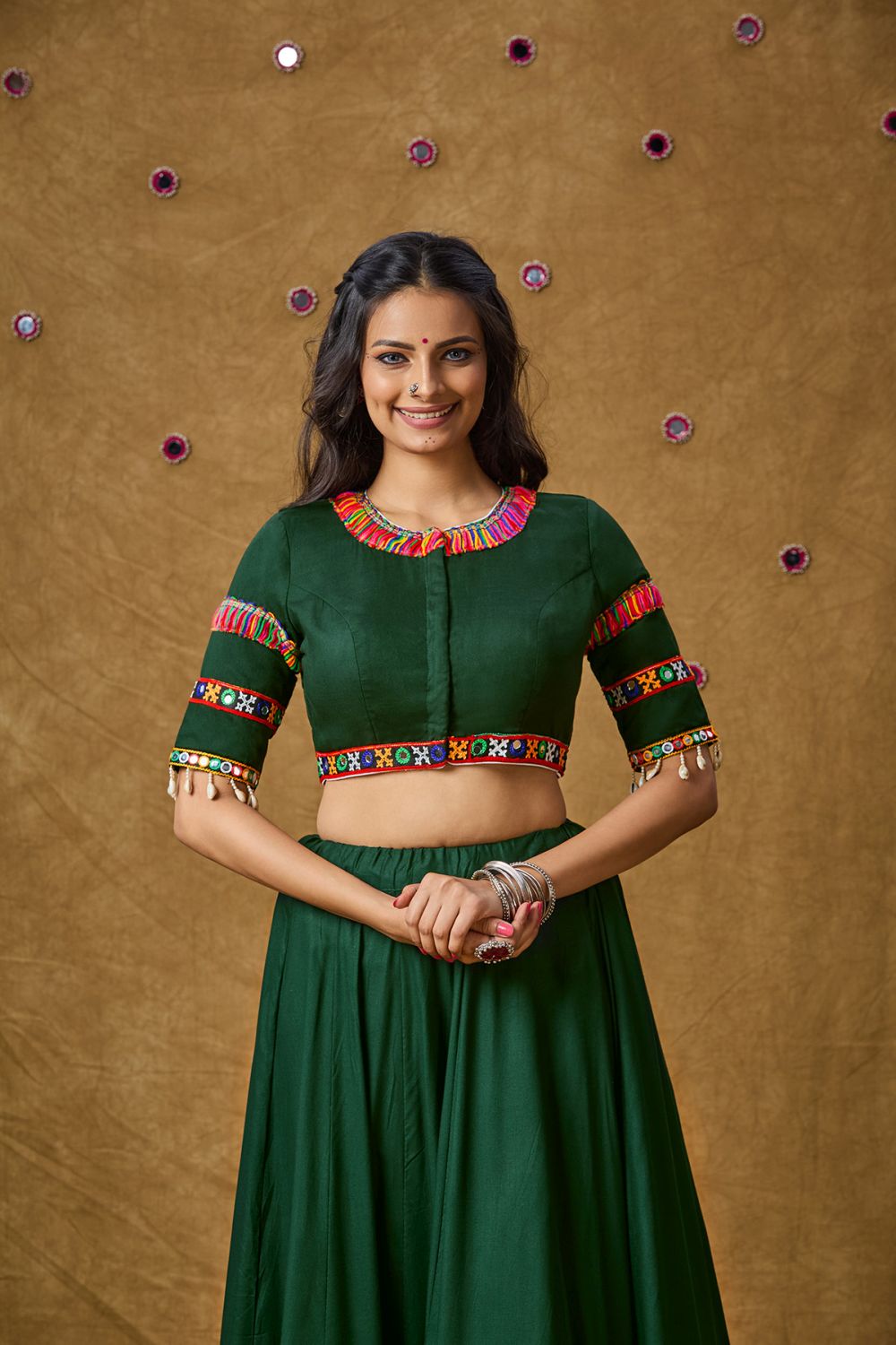 Green Cotton Embroidered Elbow Length Blouse