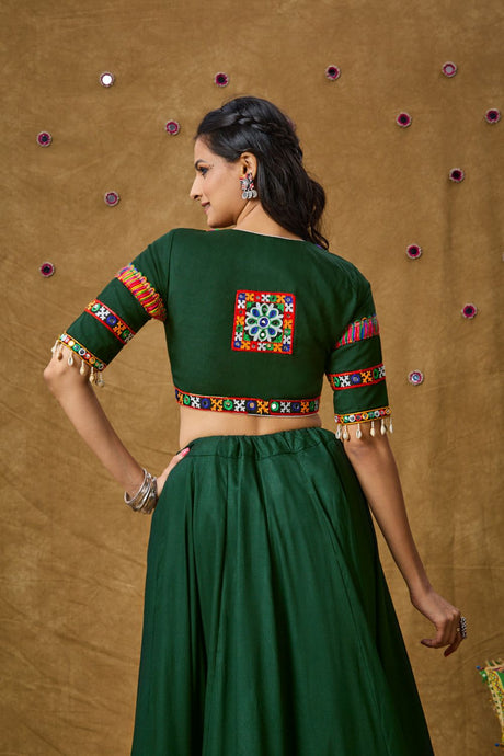 Green Cotton Embroidered Elbow Length Blouse