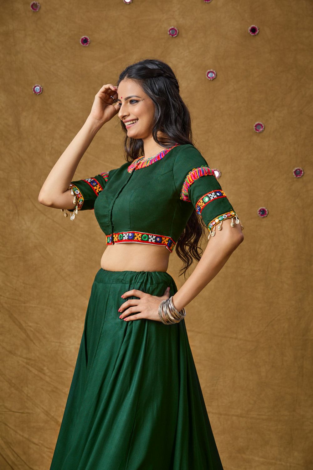 Green Cotton Embroidered Elbow Length Blouse