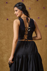 Black Cotton Embroidered Sleeveless Blouse