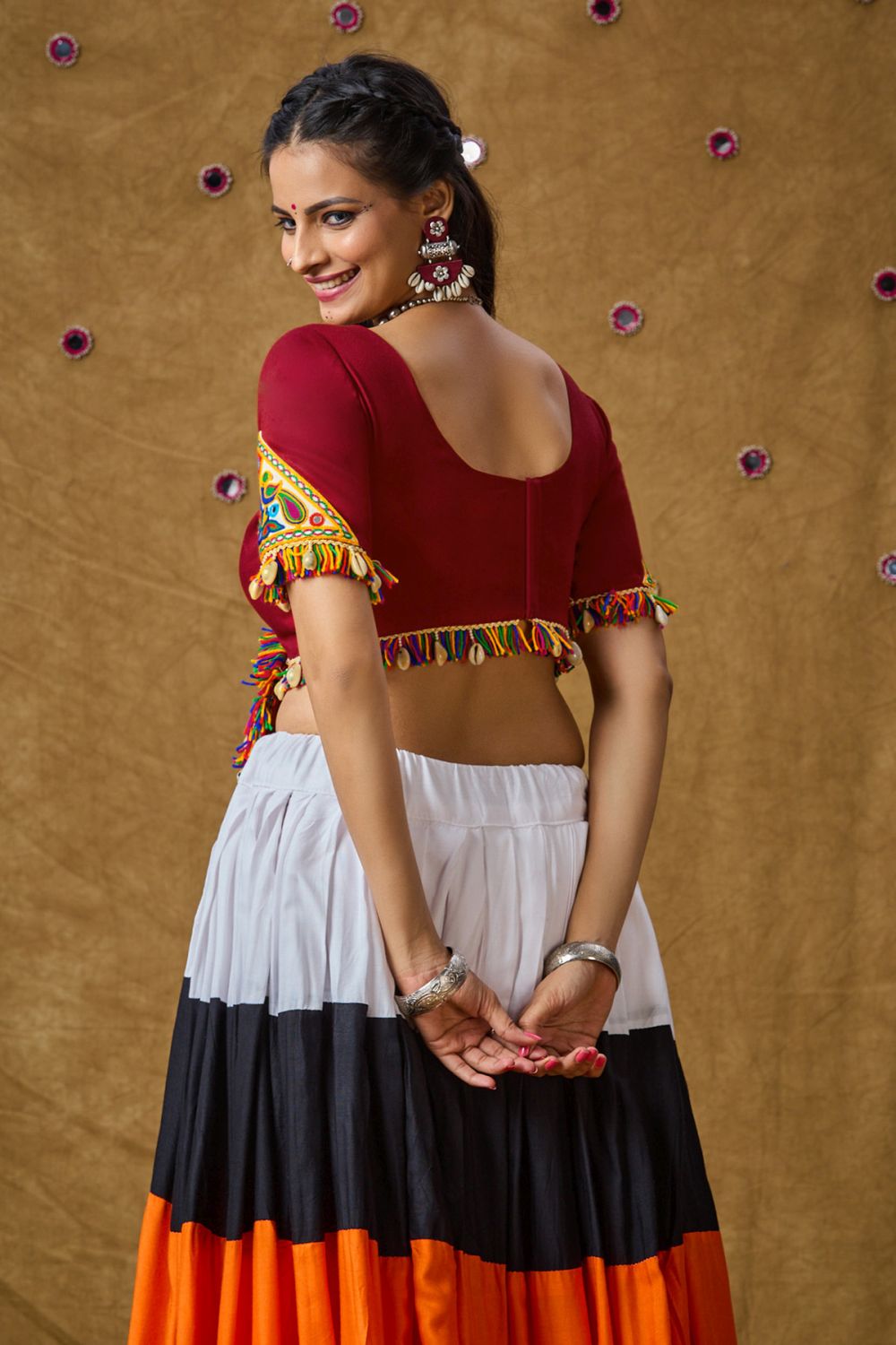 Maroon Cotton Embroidered Elbow Length Blouse