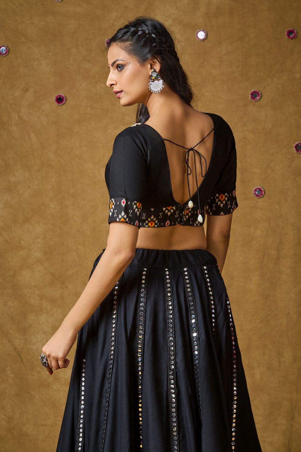 Black Cotton Embroidered Elbow Length Blouse