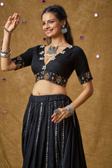 Black Cotton Embroidered Elbow Length Blouse