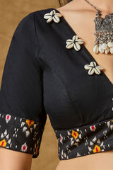 Black Cotton Embroidered Elbow Length Blouse