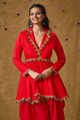 Red Cotton Embroidered Full Sleeves Blouse