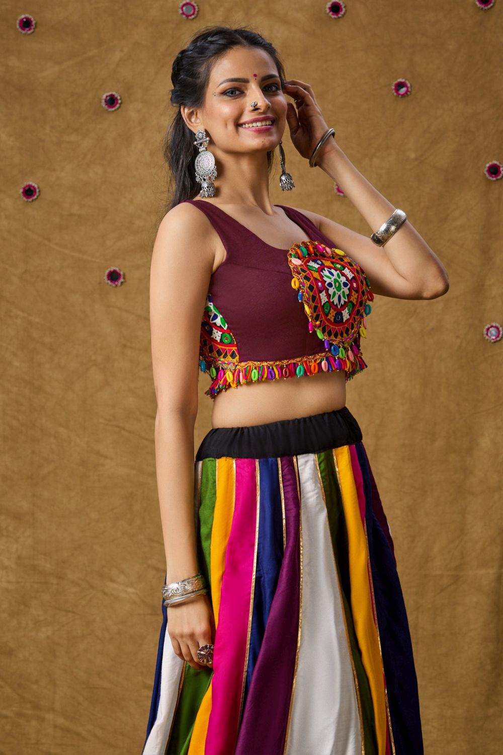 Wine Cotton Embroidered Sleeveless Blouse