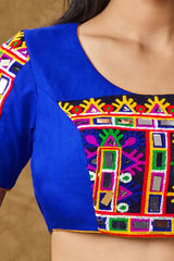 Blue Cotton Embroidered Elbow Length Blouse