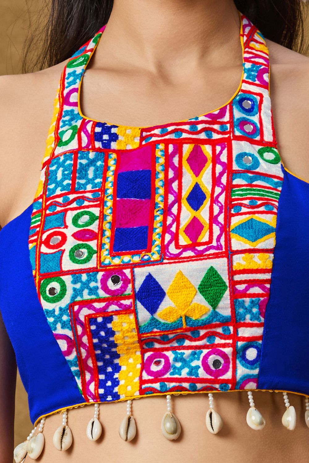 Blue Cotton Embroidered Sleeveless Blouse