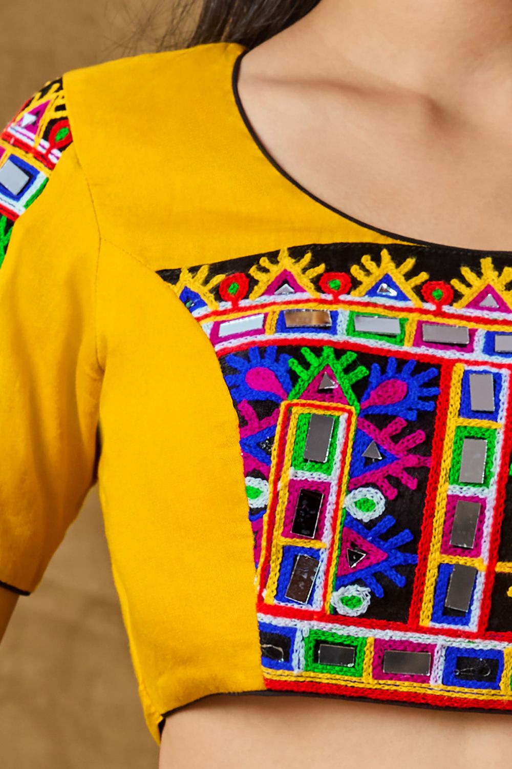 Yellow Cotton Embroidered Elbow Length Blouse