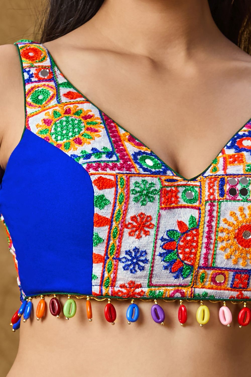 Blue Cotton Embroidered Sleeveless Blouse