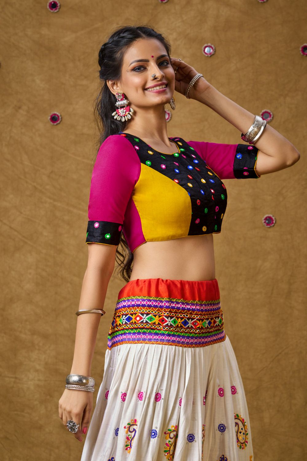 Multicolour Cotton Embroidered Elbow Length Blouse