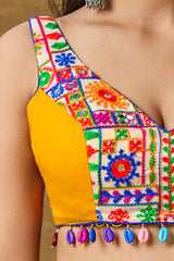 Yellow Cotton Embroidered Sleeveless Blouse