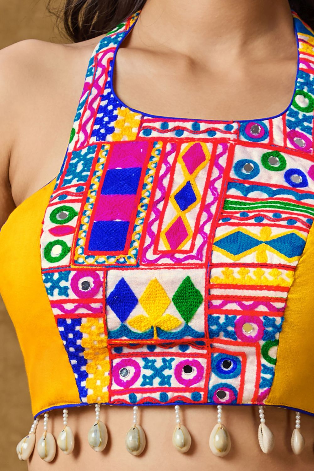 Yellow Cotton Embroidered Sleeveless Blouse