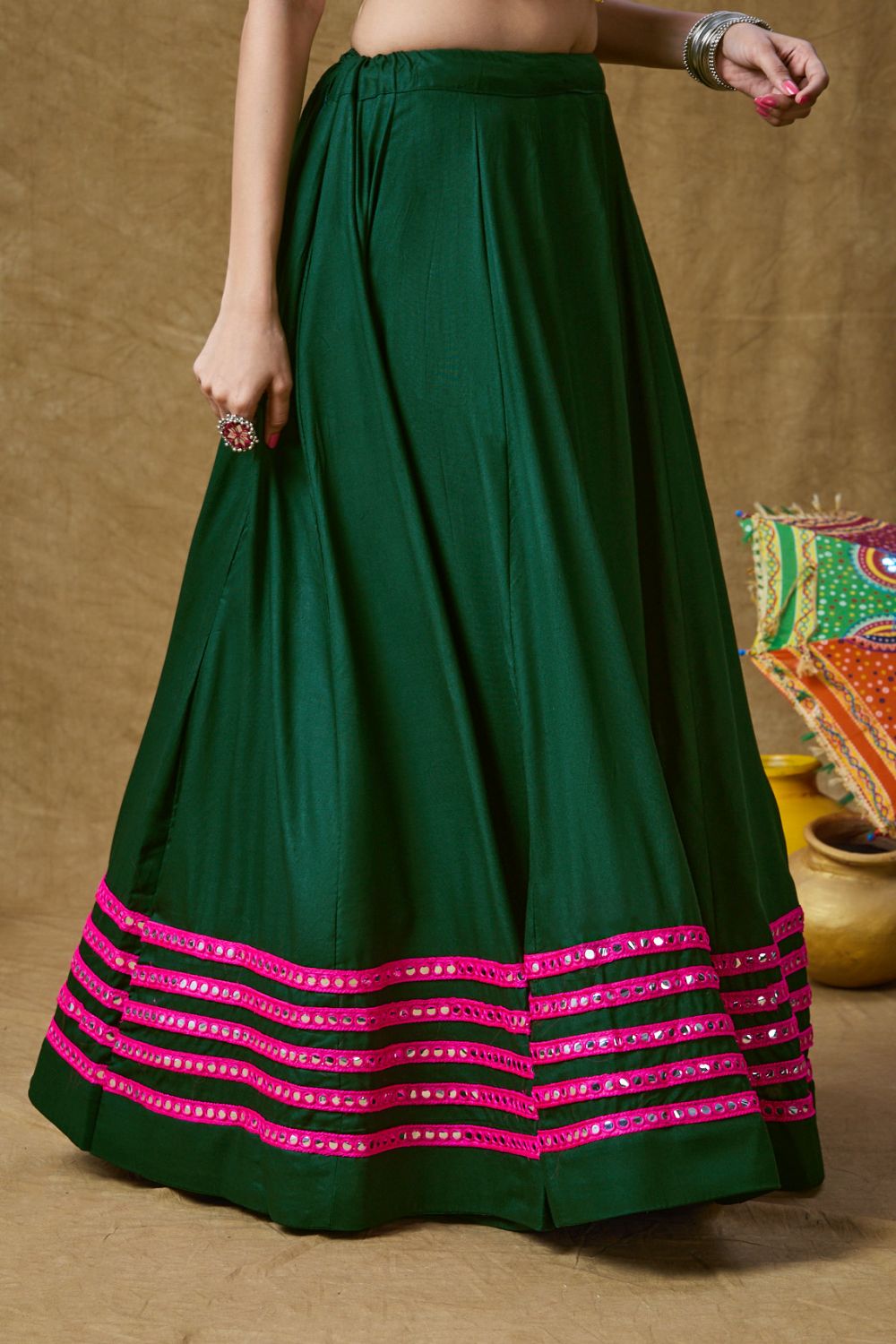 Green Cotton Embroidered Skirt