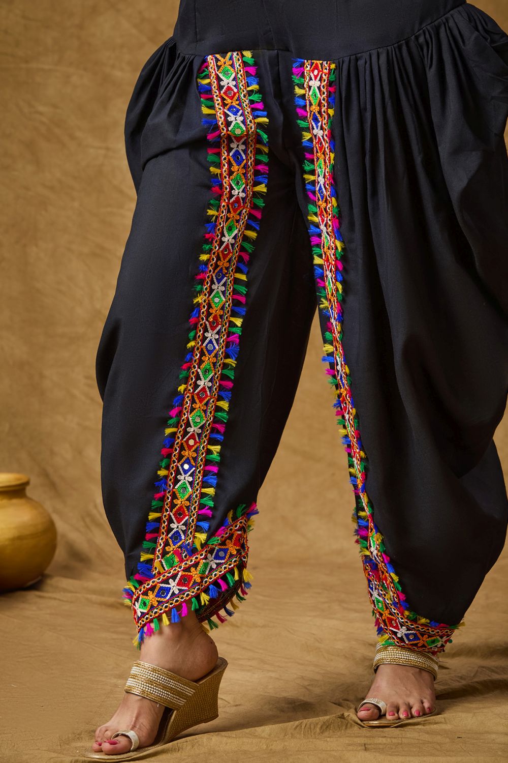 Black Cotton Embroidered Dhoti