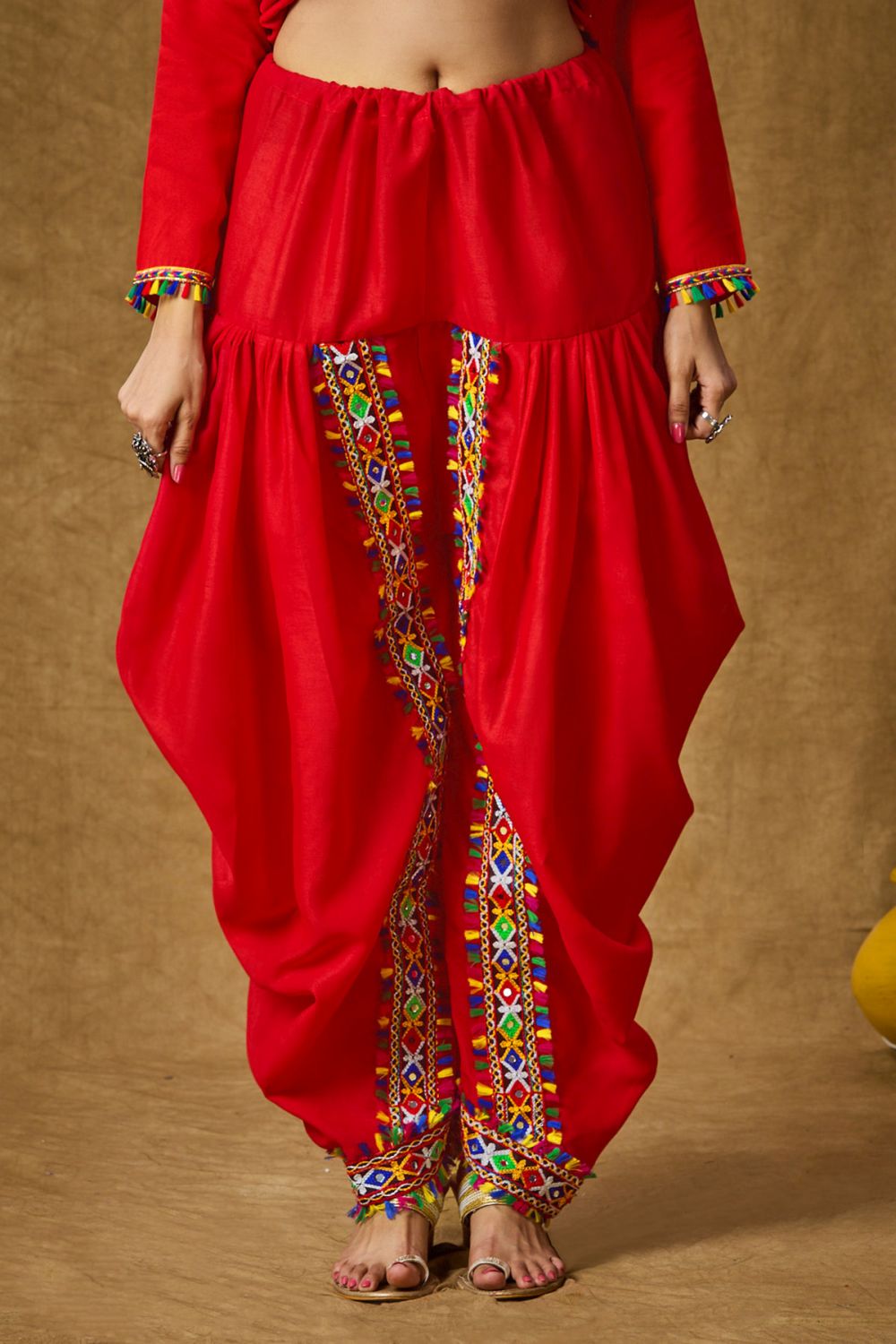 Red Cotton Embroidered Dhoti